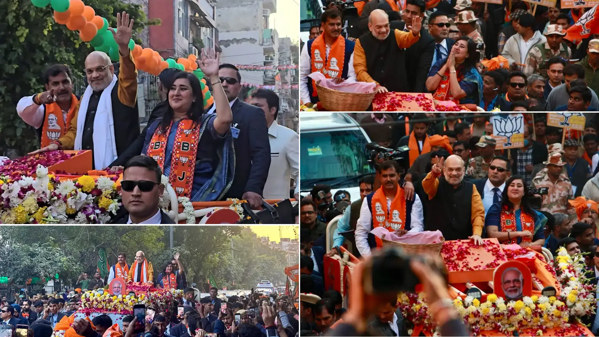 BJP leaders in a decorated vehicle during an election rally in Delhi, waving to a cheering crowd with BJP flags and banners in the background.