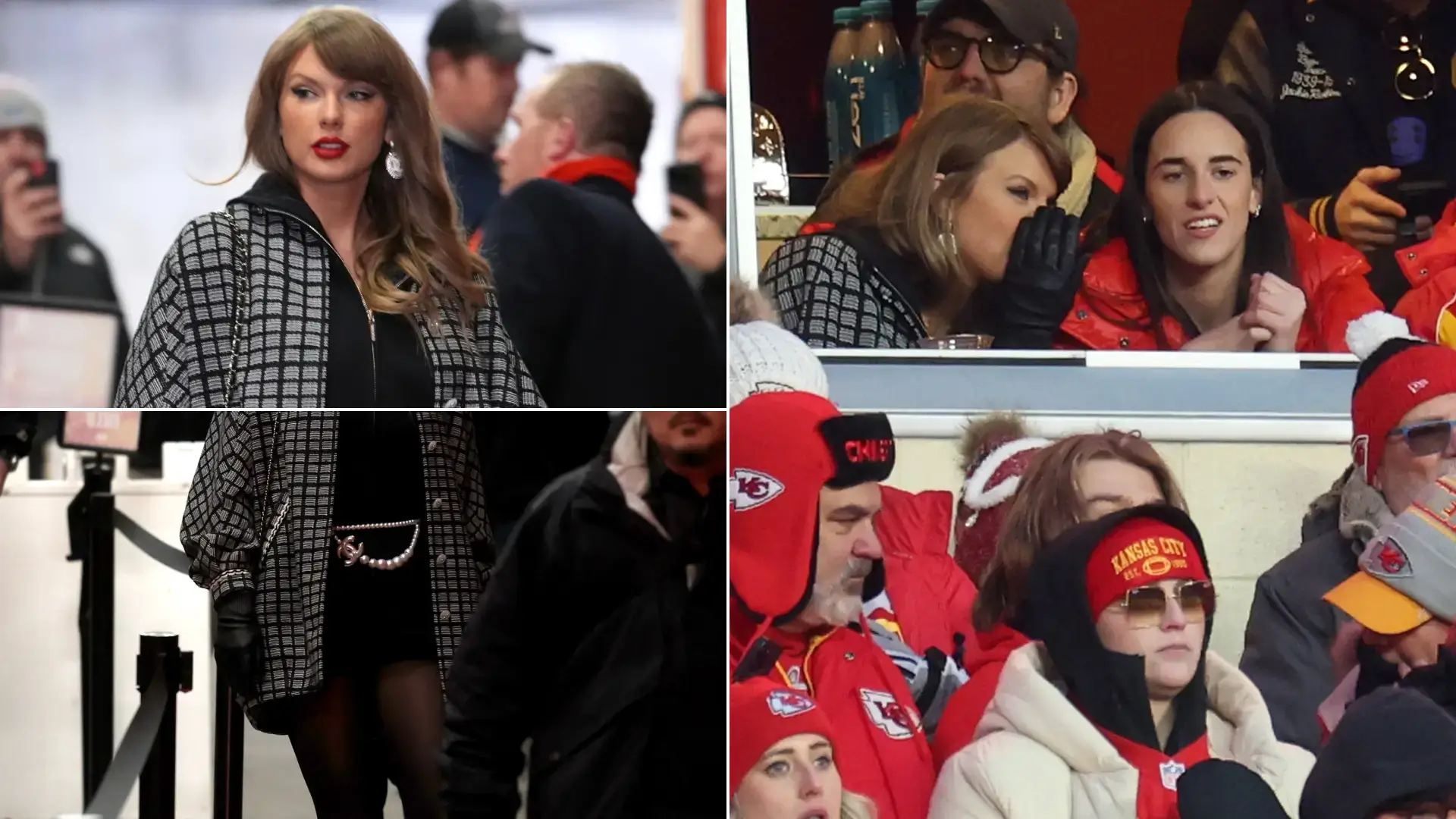 Taylor Swift in a black and white Chanel outfit at the Kansas City Chiefs playoff game, showing her support for Travis Kelce.